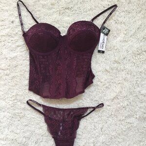 BEBE Lingerie Bustier & Panty Lace Corset Push Up Crop Top Burgundy 34C